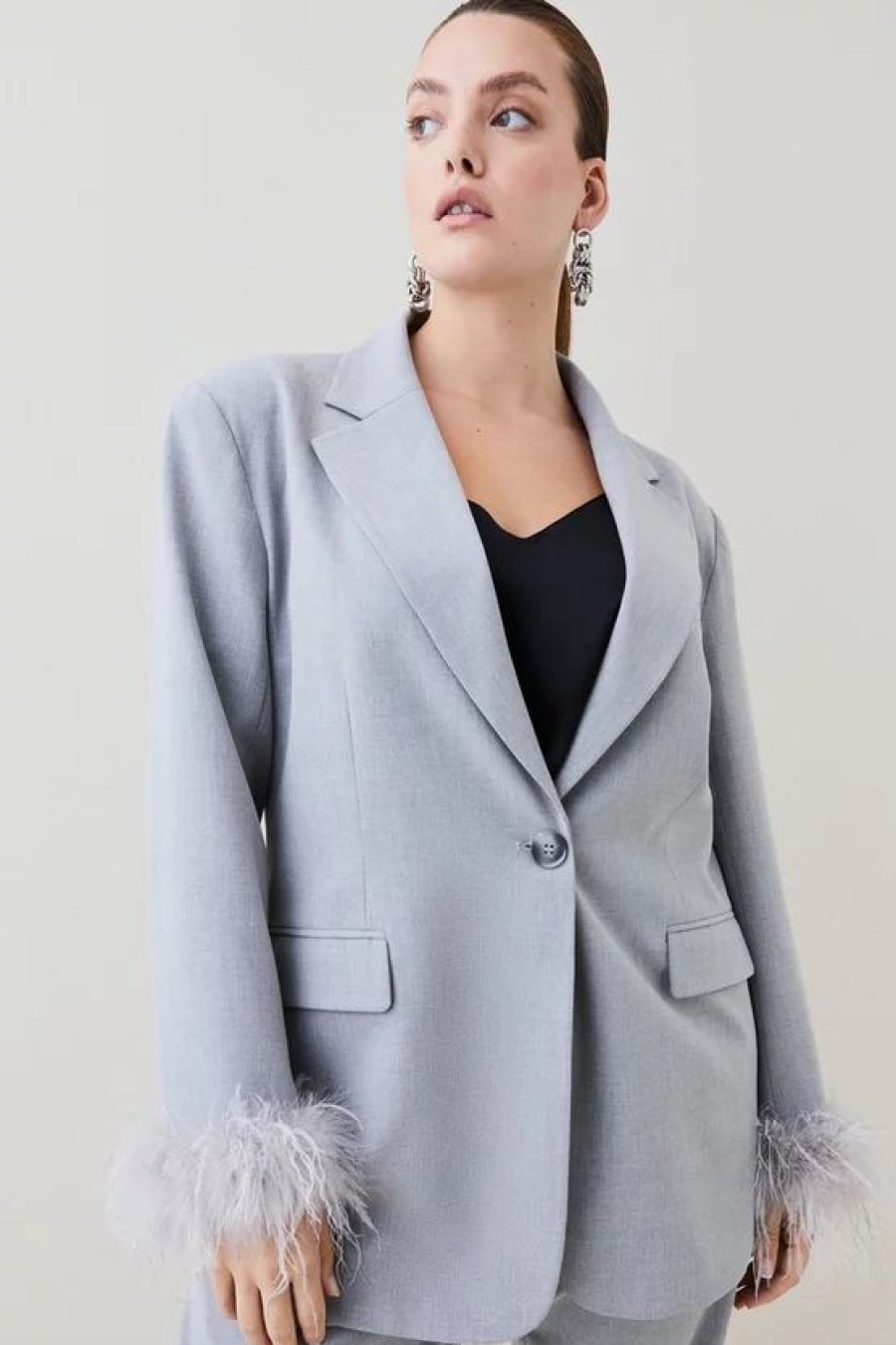 Online * Top 10 Karen Millen Plus Size Feather Cuff Detail Single Breasted Blazer Grey