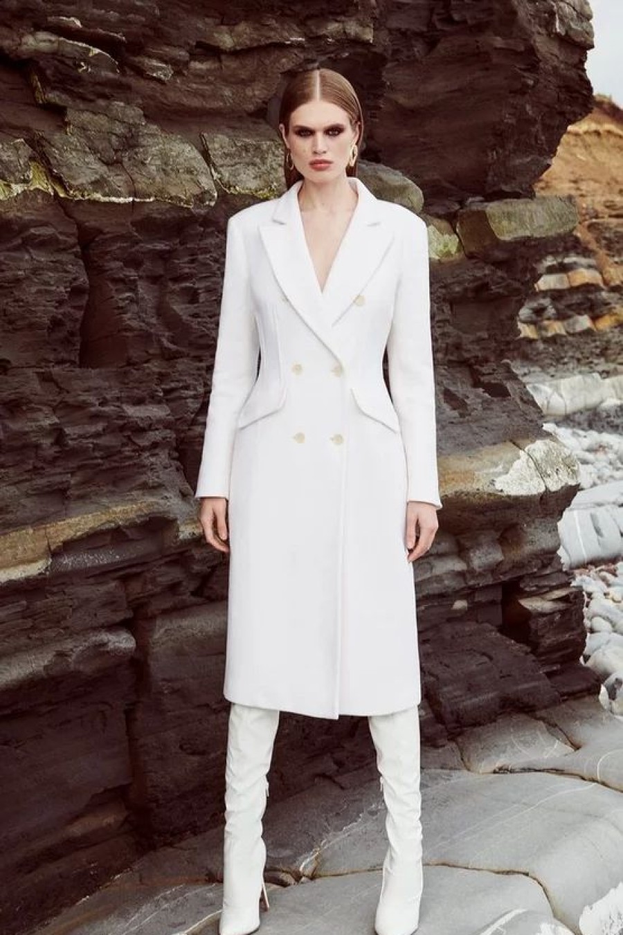 Hot * Hot Sale Karen Millen Italian Luxe Finish Wool Cashmere Blend Hourglass Midi Coat Ivory