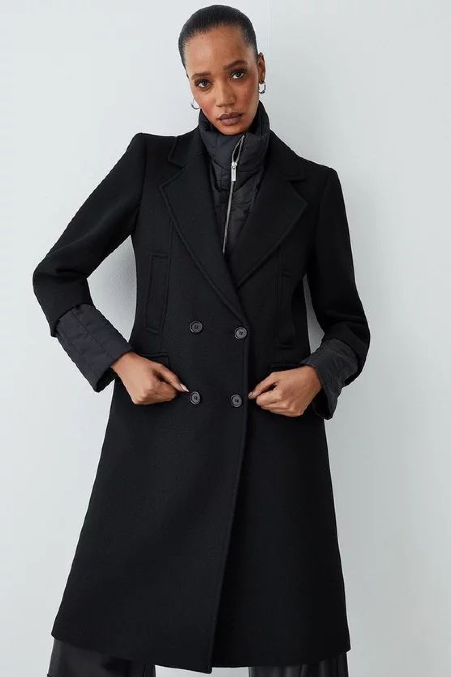 New * Outlet Karen Millen Italian Virgin Wool Hybrid Puffer Coat Black