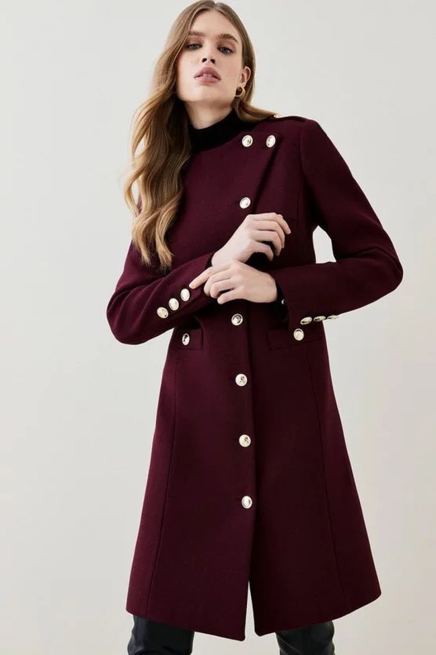 Best * Brand New Karen Millen Italian Wool Military Button Up Midi Coat Fig