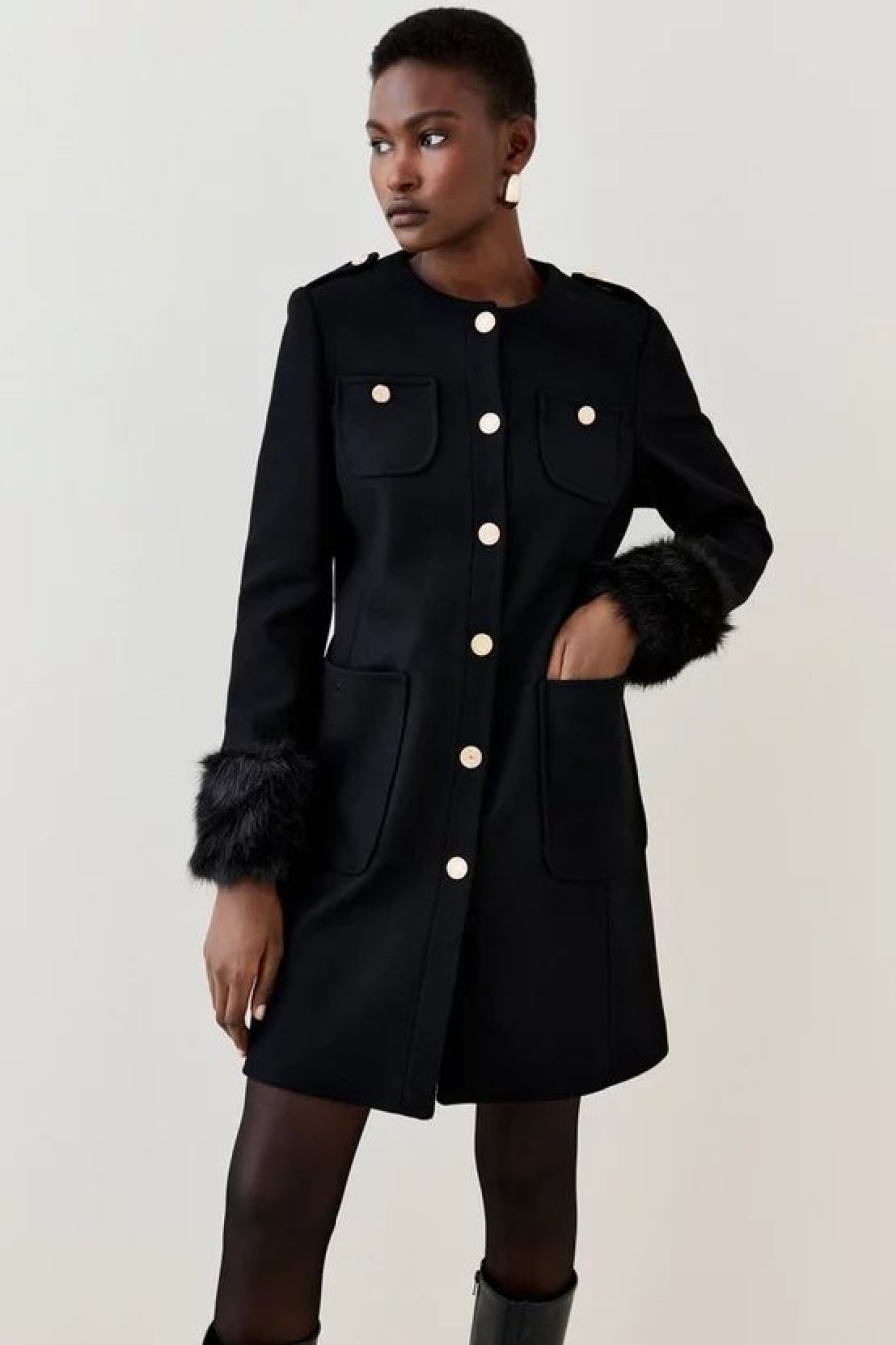 Online * Best Pirce Karen Millen Italian Virgin Wool Faux Fur Cuff Midi Coat Black