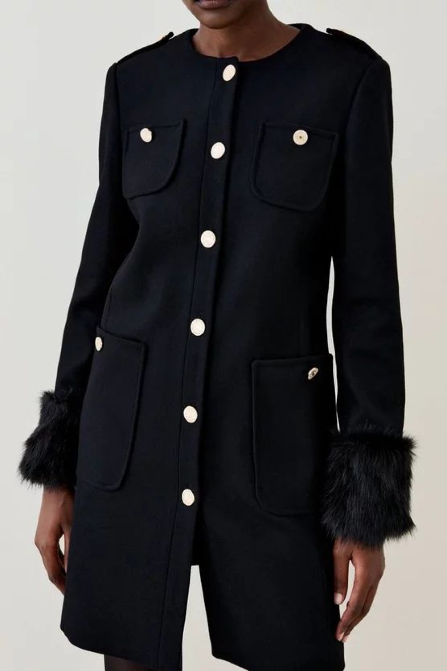 Online * Best Pirce Karen Millen Italian Virgin Wool Faux Fur Cuff Midi Coat Black