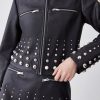 Hot * Hot Sale Karen Millen Leather Graduate Dome Stud Zip Through Biker Jacket Black