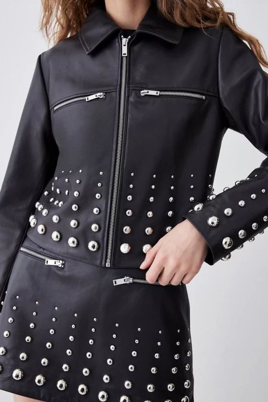 Hot * Hot Sale Karen Millen Leather Graduate Dome Stud Zip Through Biker Jacket Black