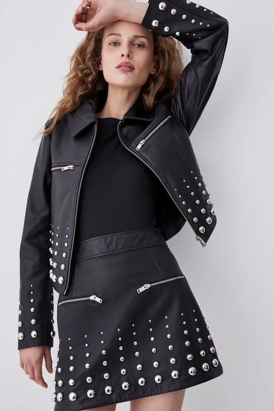 Hot * Hot Sale Karen Millen Leather Graduate Dome Stud Zip Through Biker Jacket Black