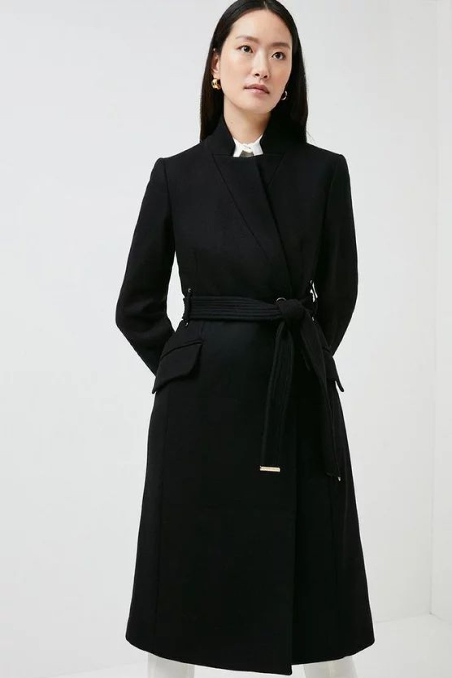 Online * Promo Karen Millen Italian Wool Blend Investment Notch Coat Black