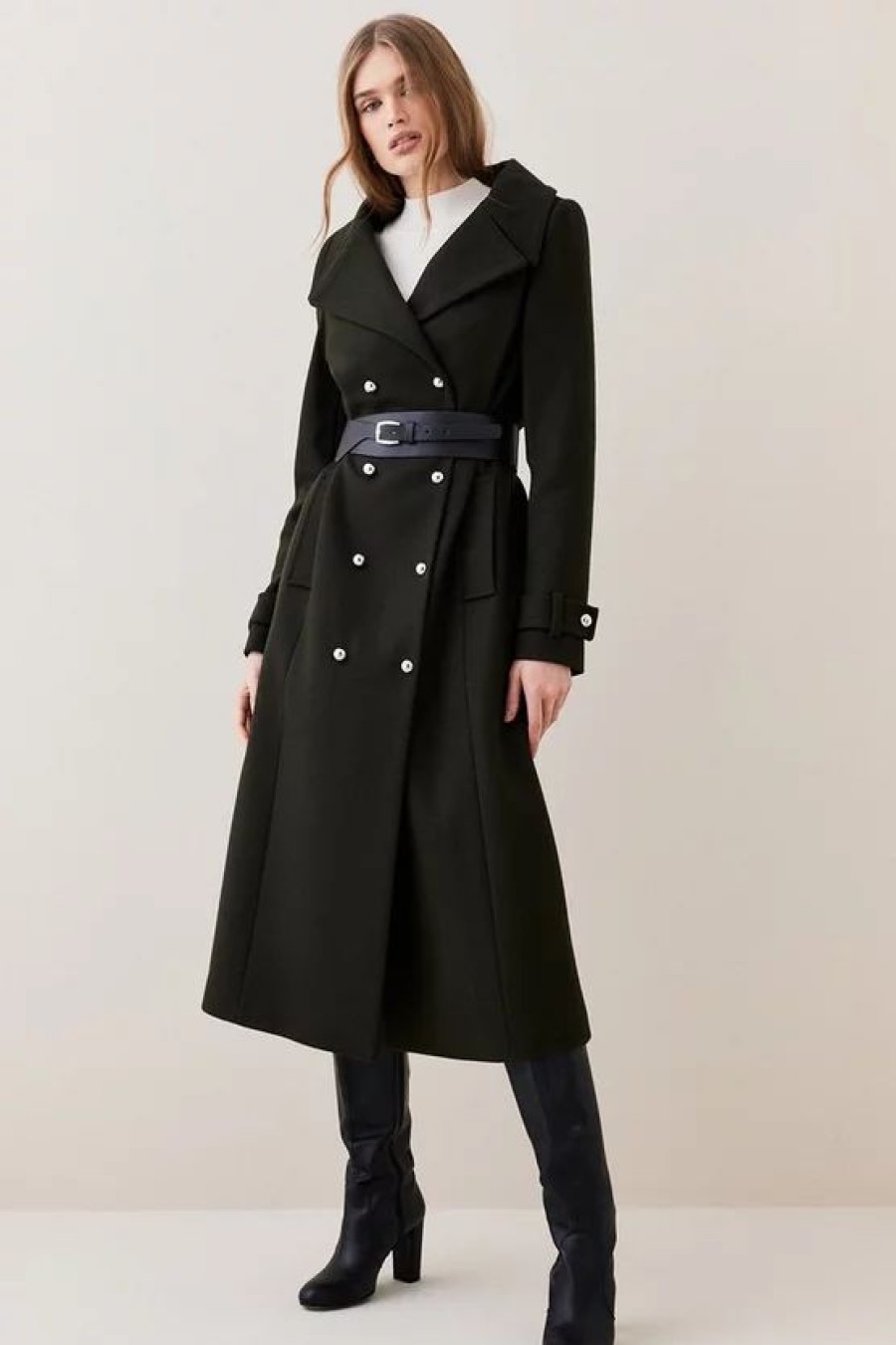 Wholesale * Deals Karen Millen Italian Virgin Wool Belted Military Coat Khaki