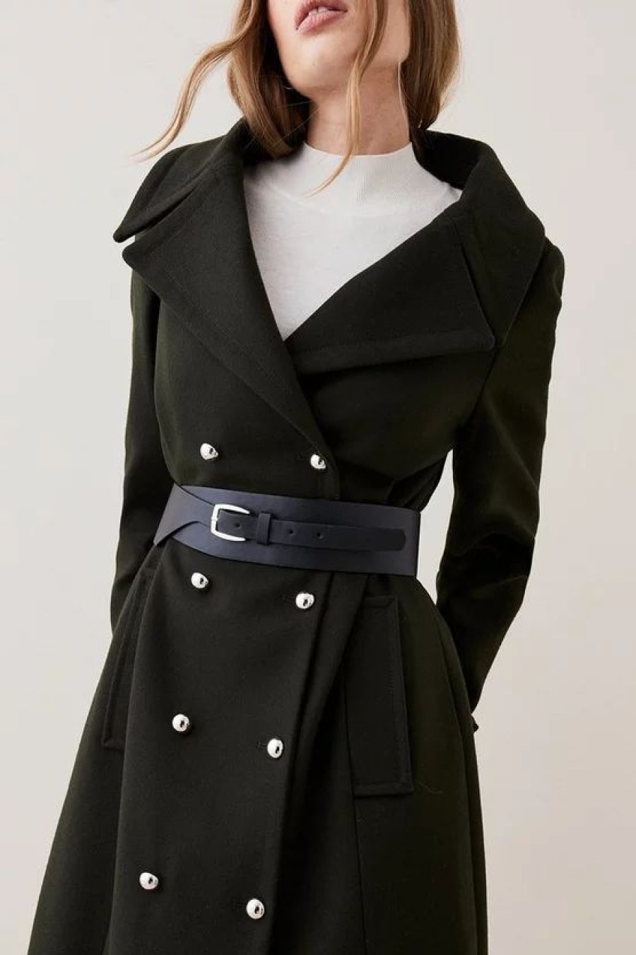 Wholesale * Deals Karen Millen Italian Virgin Wool Belted Military Coat Khaki