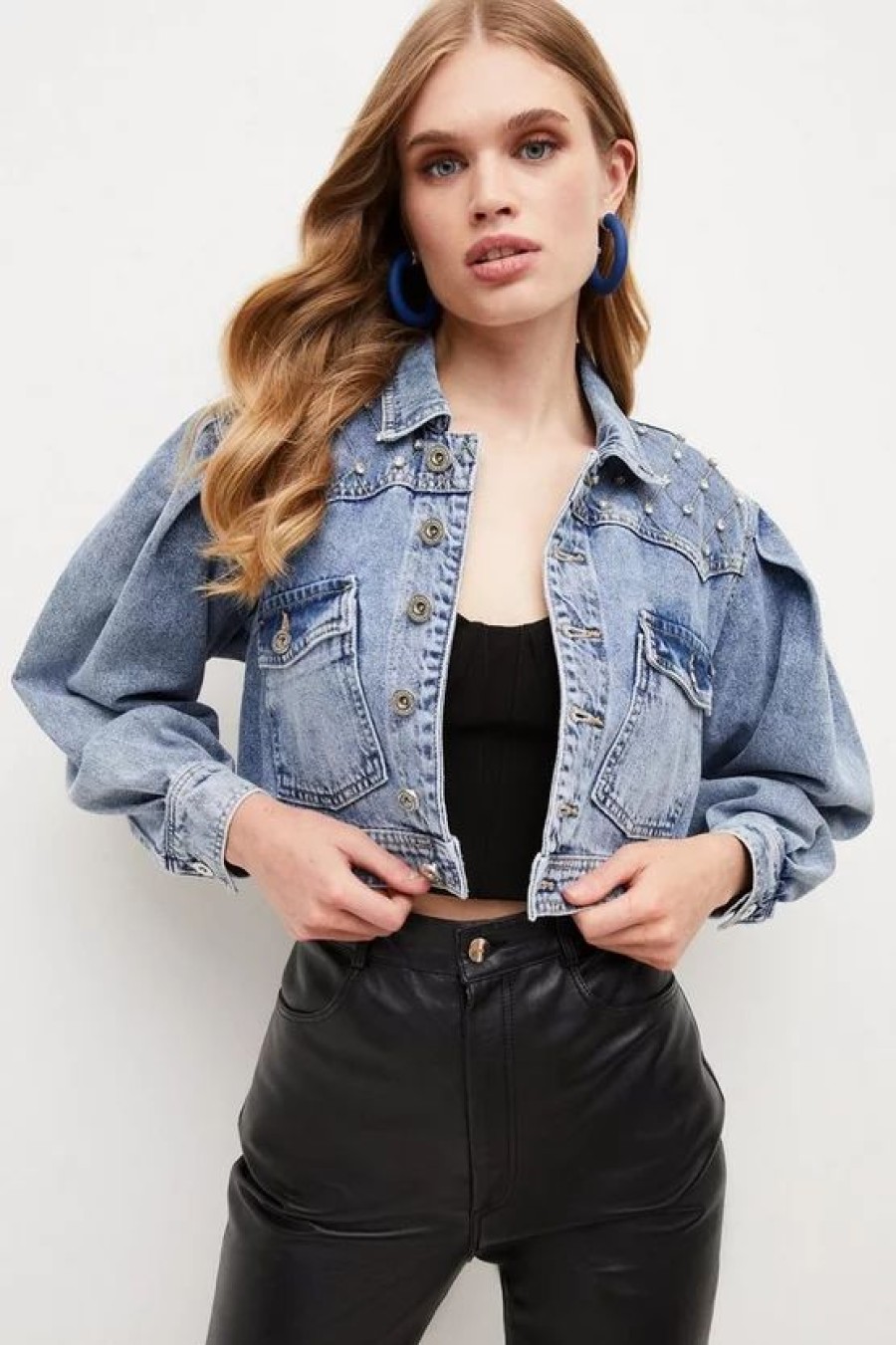 Best * Buy Karen Millen Denim Diamante Shoulder Detail Crop Jacket Indigo