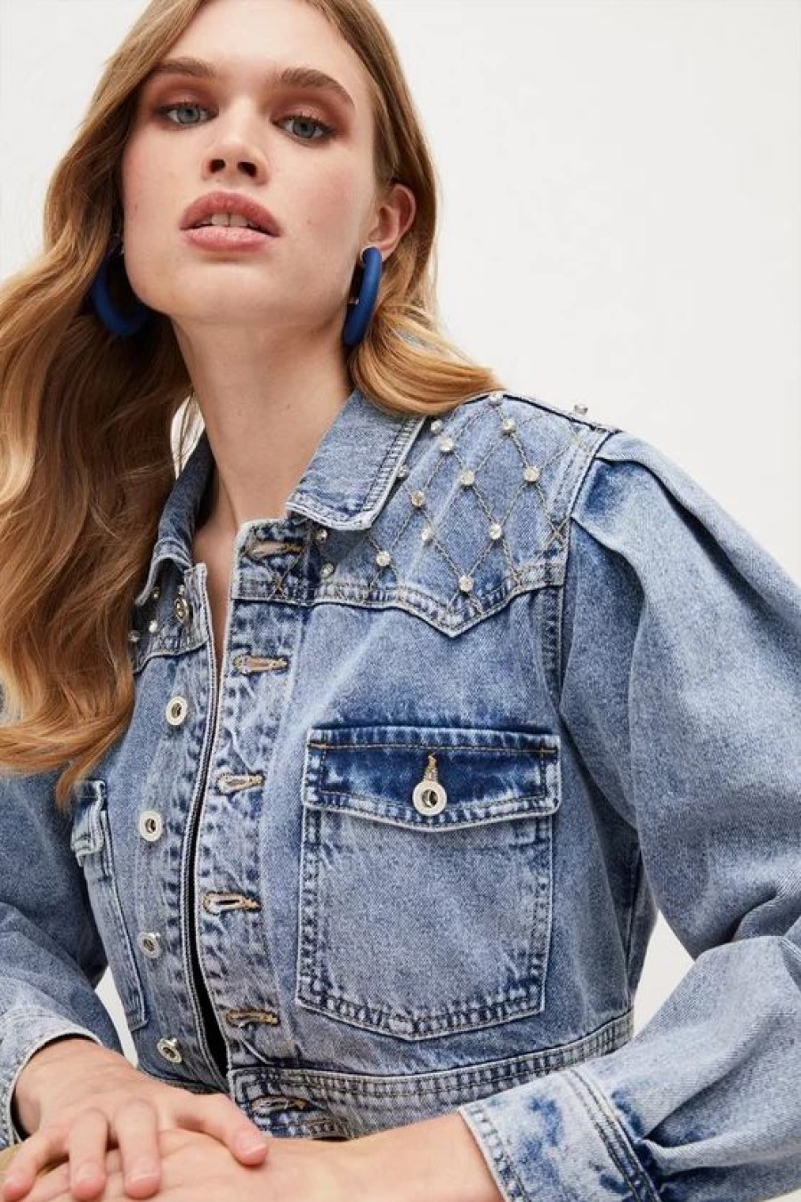 Best * Buy Karen Millen Denim Diamante Shoulder Detail Crop Jacket Indigo