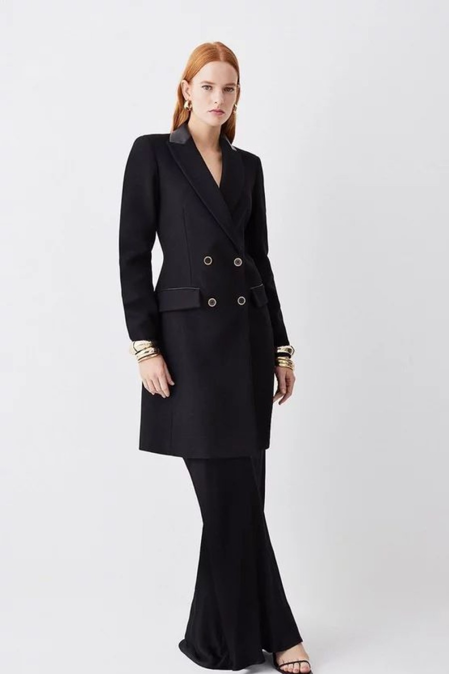 Clearance * Best Pirce Karen Millen Italian Virgin Wool Double Breasted Tailored Coat Black