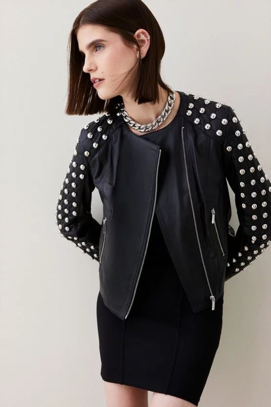 Best * New Karen Millen Leather Dome Stud & Quilted Detail Biker Jacket