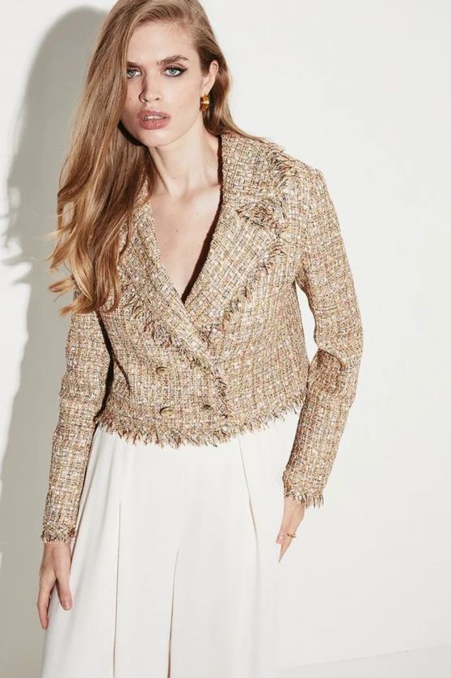 Online * Brand New Karen Millen Boucle Cropped Frayed Edge Jacket Gold