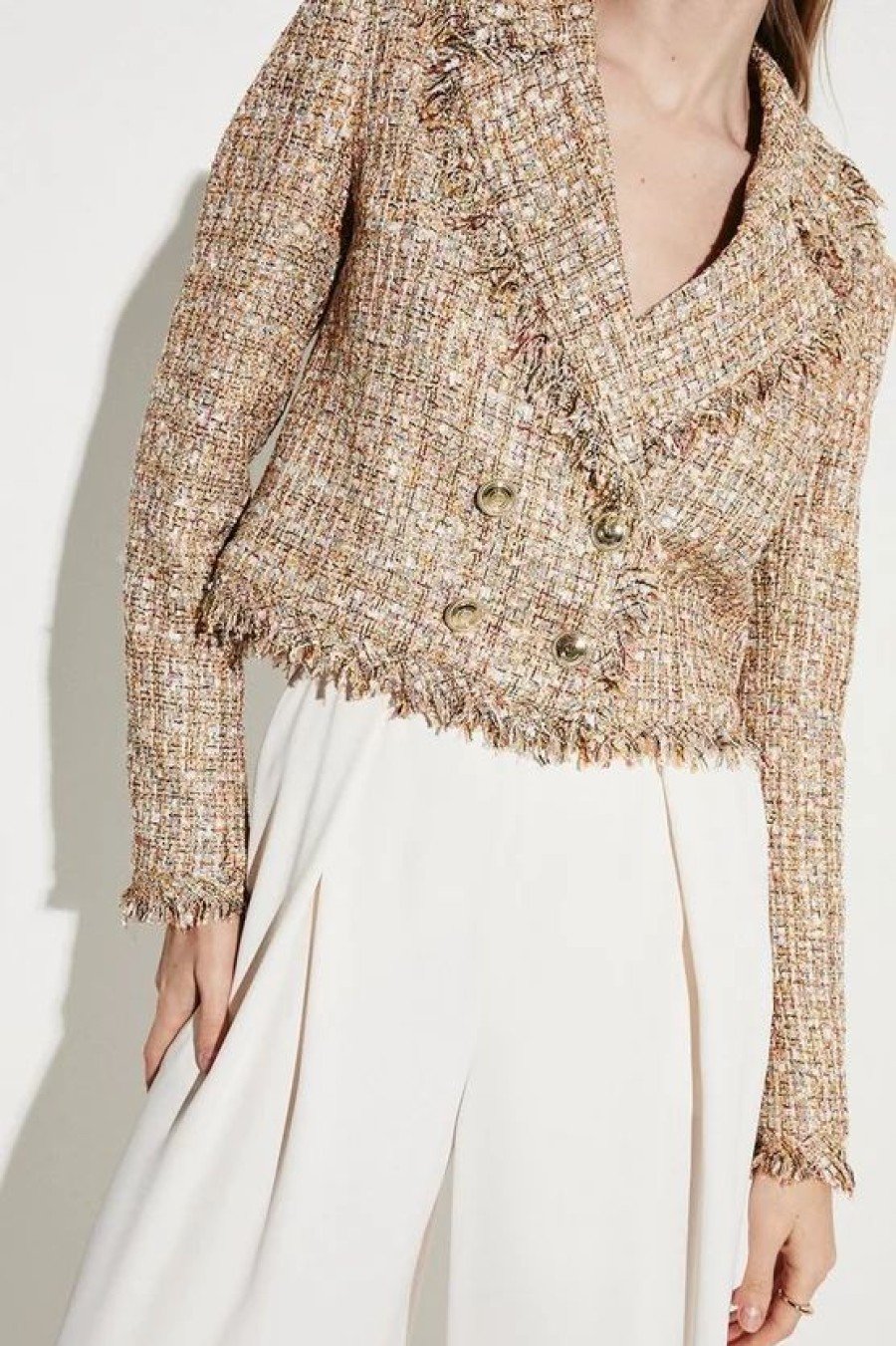 Online * Brand New Karen Millen Boucle Cropped Frayed Edge Jacket Gold