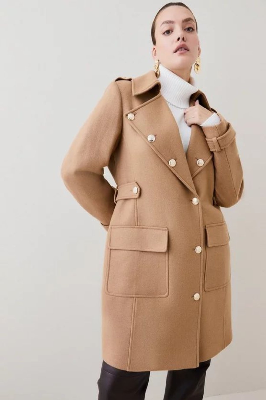 Hot * Coupon Karen Millen Plus Size Italian Virgin Wool Military Midi Coat Camel