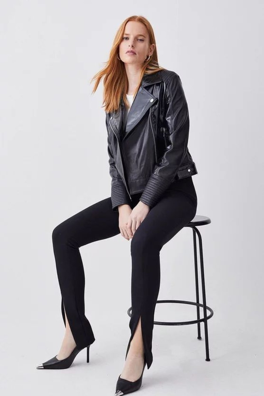 Online * Hot Sale Karen Millen Leather Patent Panel Detail Biker Jacket