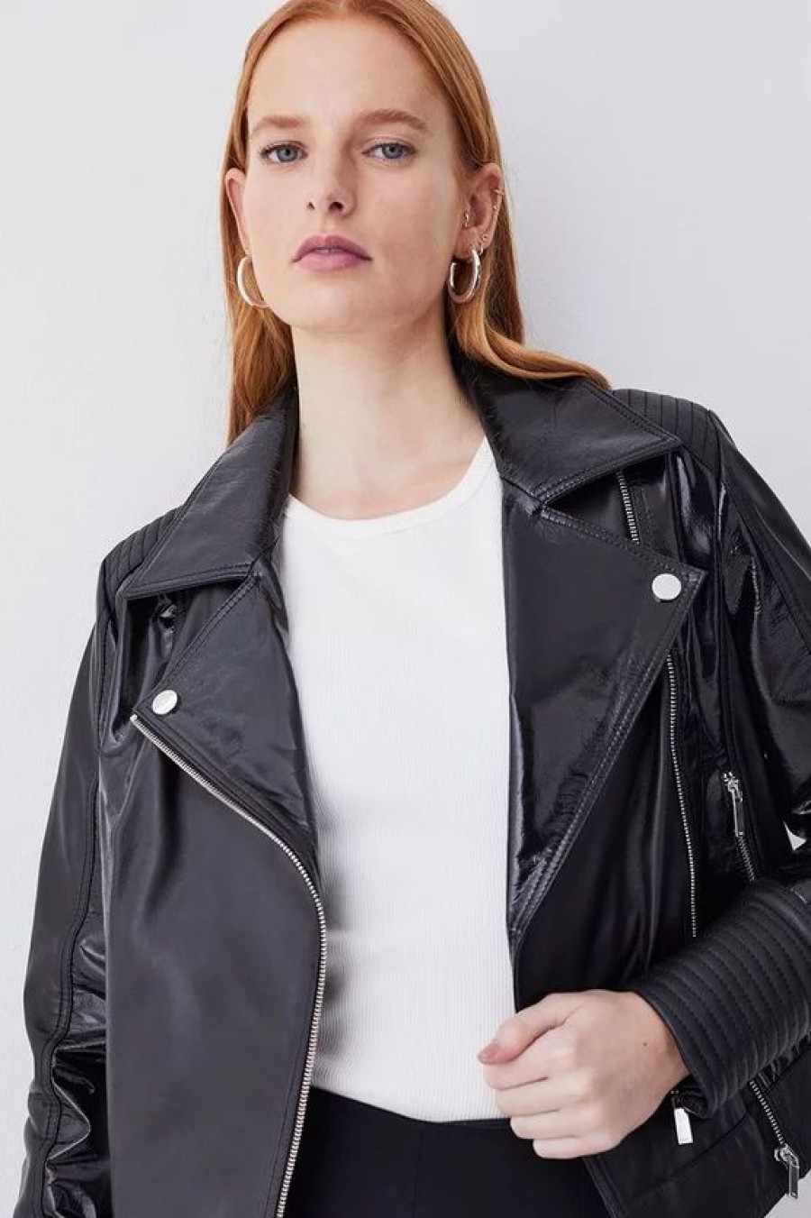 Online * Hot Sale Karen Millen Leather Patent Panel Detail Biker Jacket