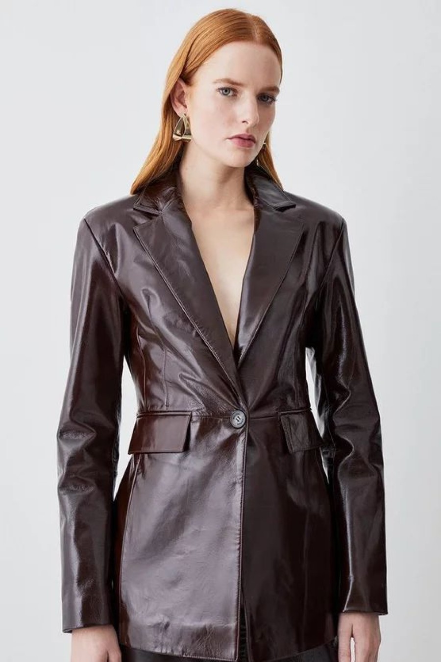 Hot * Top 10 Karen Millen Patent Leather Strong Shoulder Tailored Blazer Chocolate