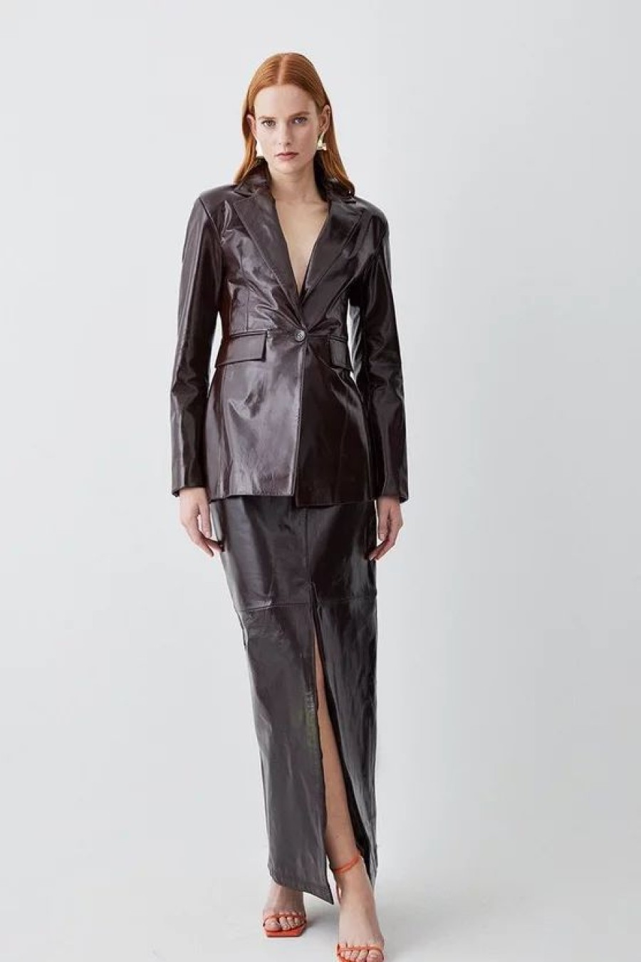 Hot * Top 10 Karen Millen Patent Leather Strong Shoulder Tailored Blazer Chocolate