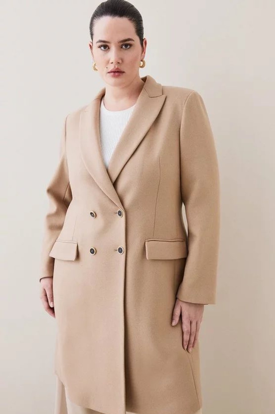 Hot * Budget Karen Millen Plus Size Italian Wool Double Breasted Tailored Coat Dark Tan