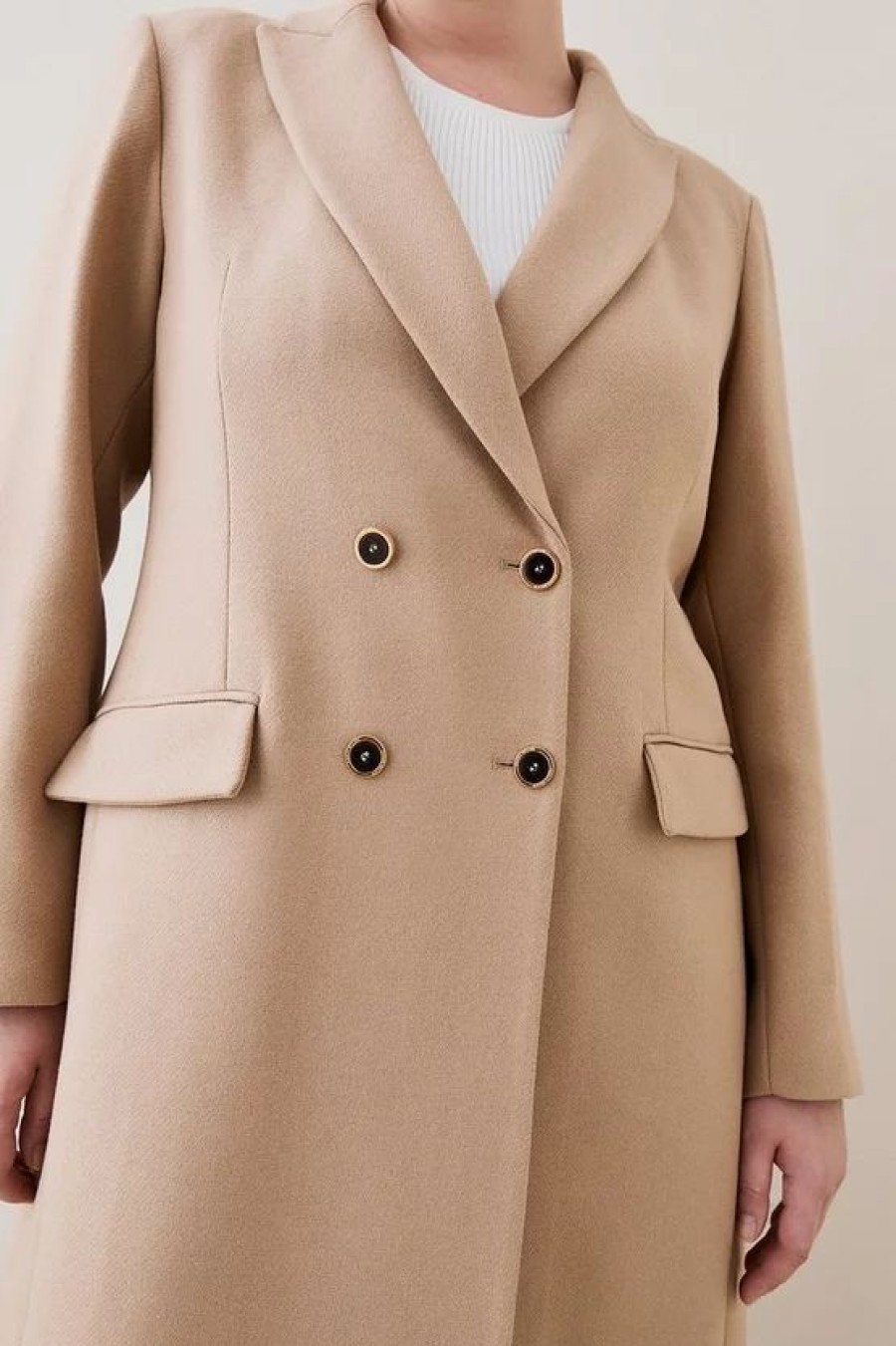 Hot * Budget Karen Millen Plus Size Italian Wool Double Breasted Tailored Coat Dark Tan