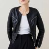 Hot * Promo Karen Millen Leather And Ponte Collarless Biker Jacket Black