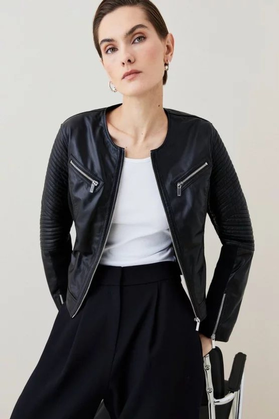 Hot * Promo Karen Millen Leather And Ponte Collarless Biker Jacket Black