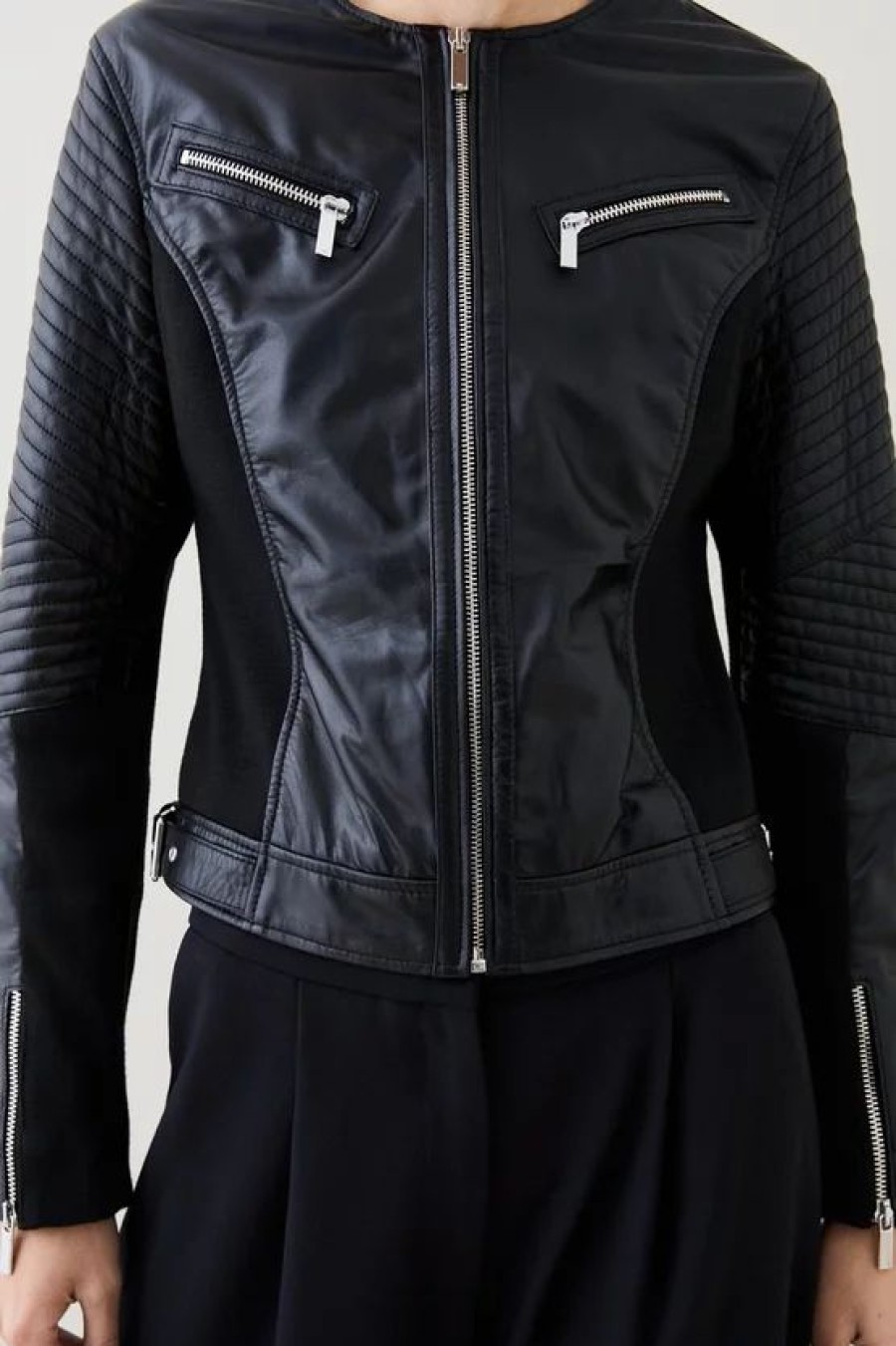 Hot * Promo Karen Millen Leather And Ponte Collarless Biker Jacket Black