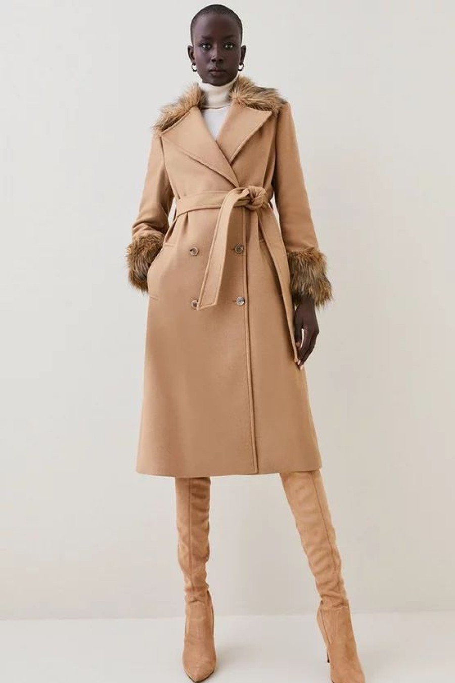 Wholesale * New Karen Millen Italian Virgin Wool Faux Fur Collar And Cuff Belted Wrap Coat Camel