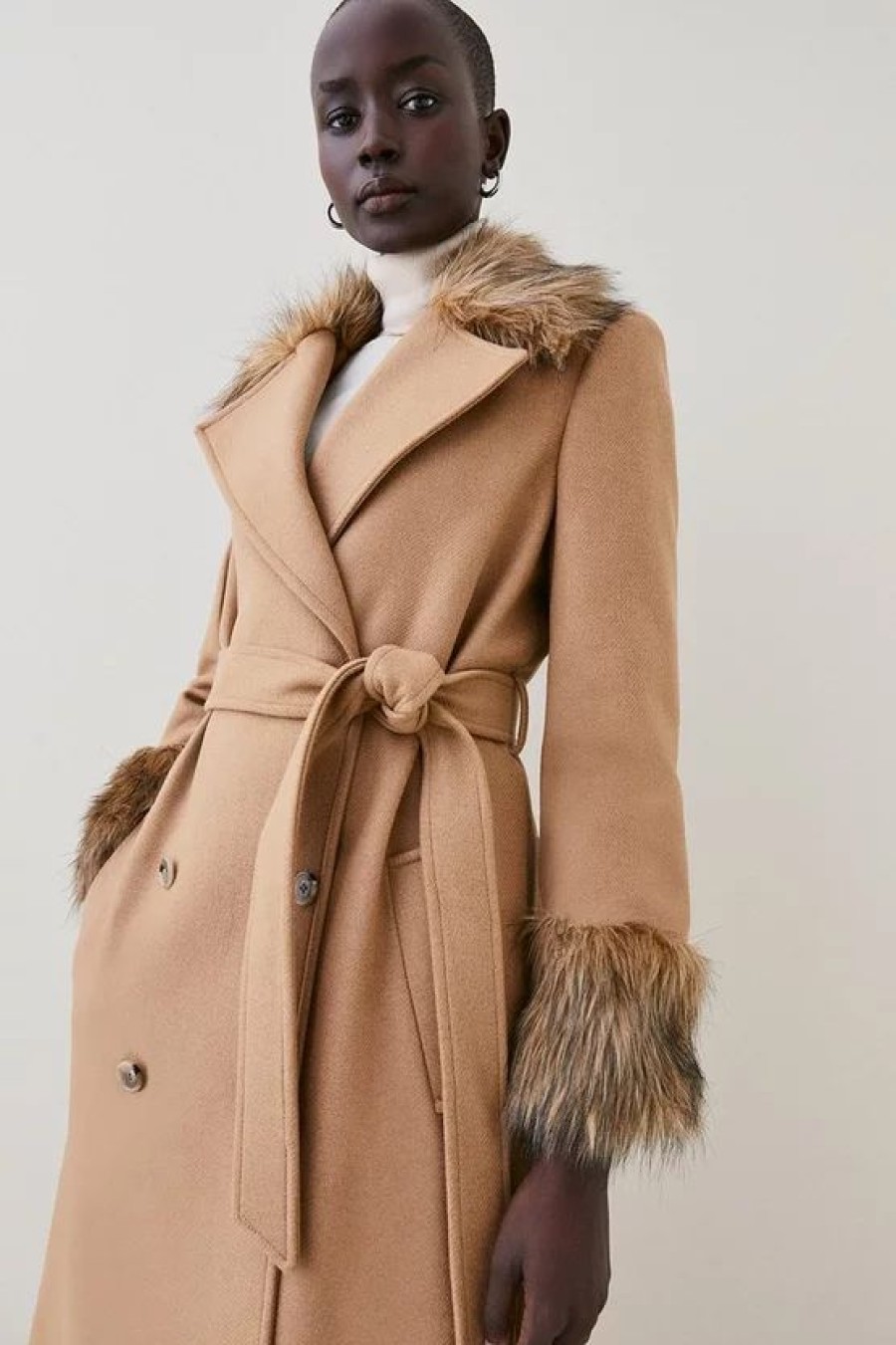 Wholesale * New Karen Millen Italian Virgin Wool Faux Fur Collar And Cuff Belted Wrap Coat Camel