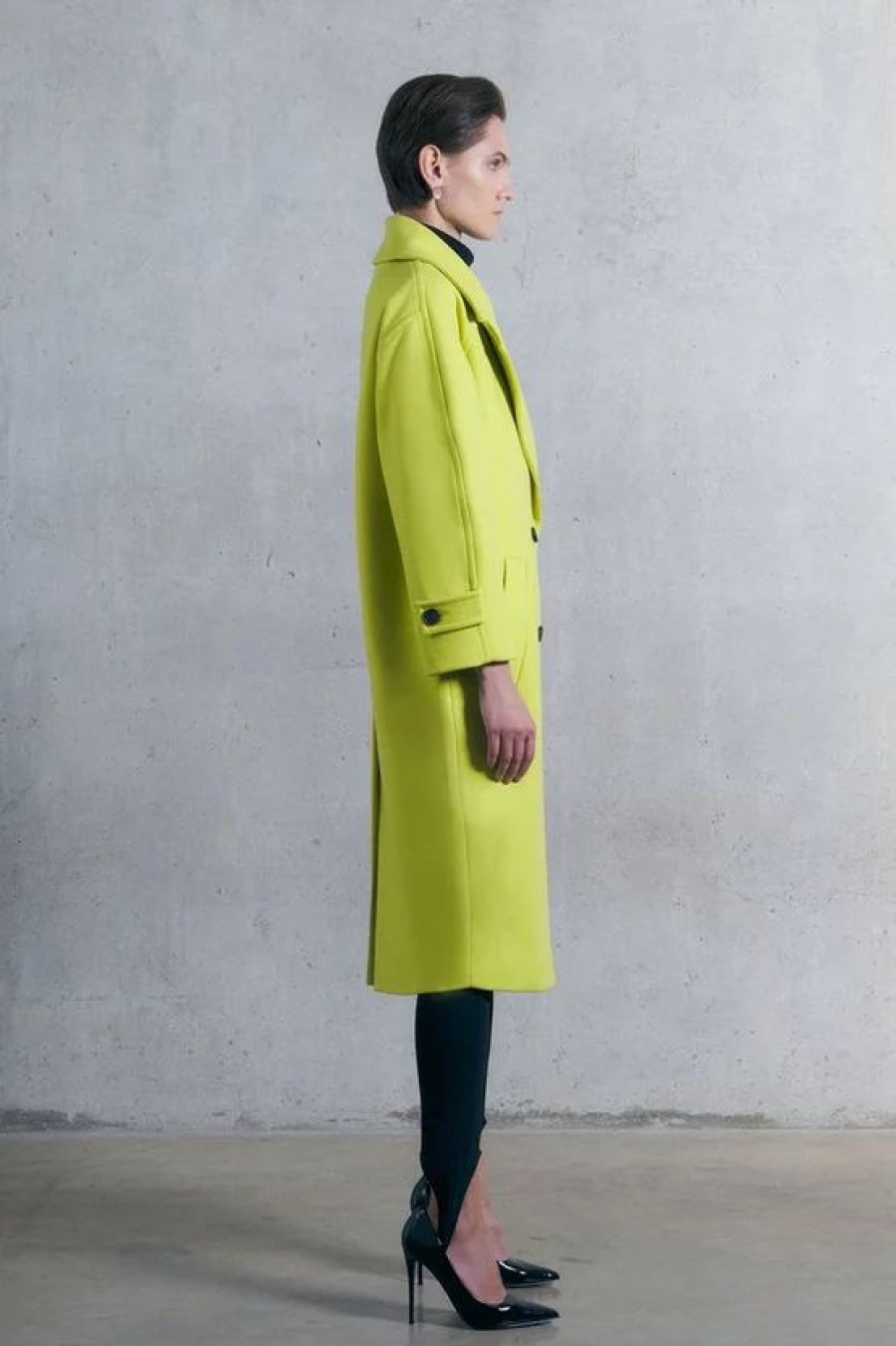 Clearance * Outlet Karen Millen Italian Virgin Wool Rounded Shoulder Double Breasted Coat Lime