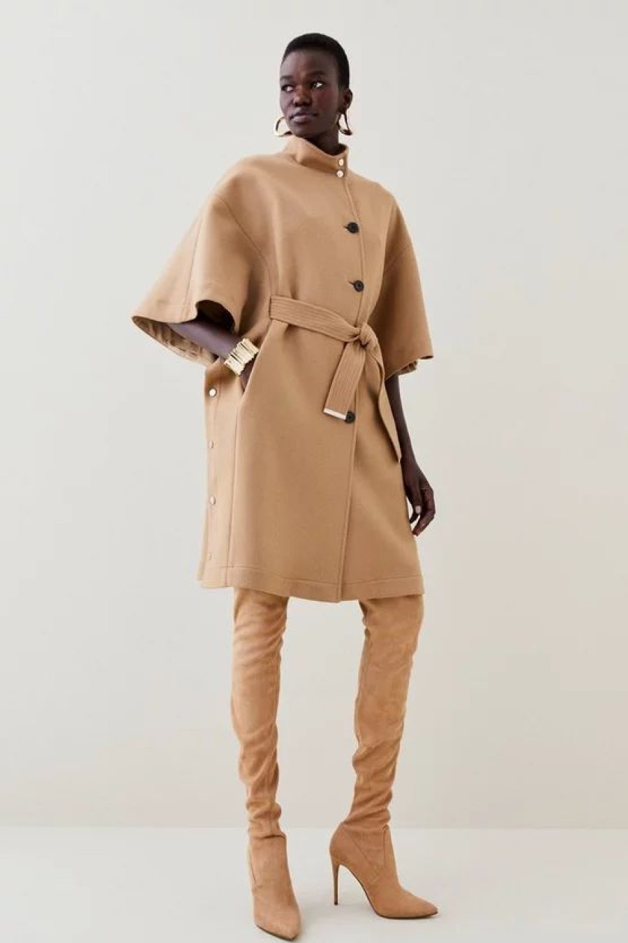 Hot * Deals Karen Millen Italian Wool Funnel Collar Cape Coat Camel