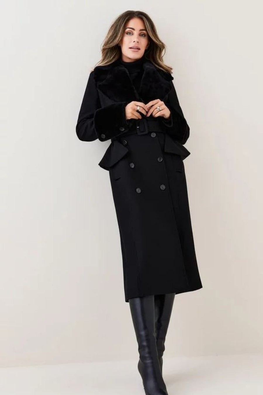 New * New Karen Millen Lydia Millen Belted Sheepskin & Italian Virgin Wool Coat Black