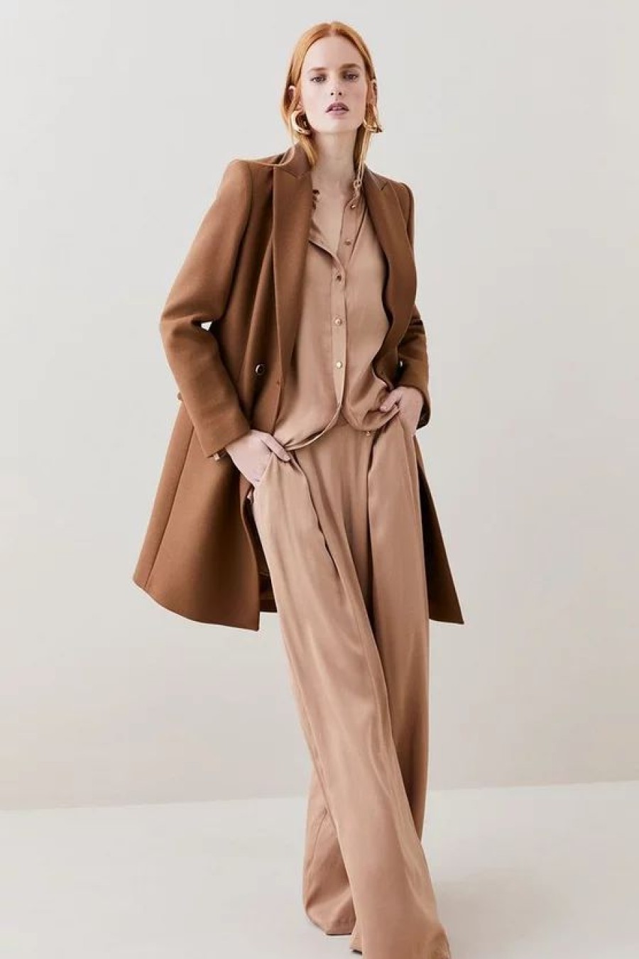 Best * Best Sale Karen Millen Italian Wool Cashmere Double Breasted Tailored Coat Dark Tan