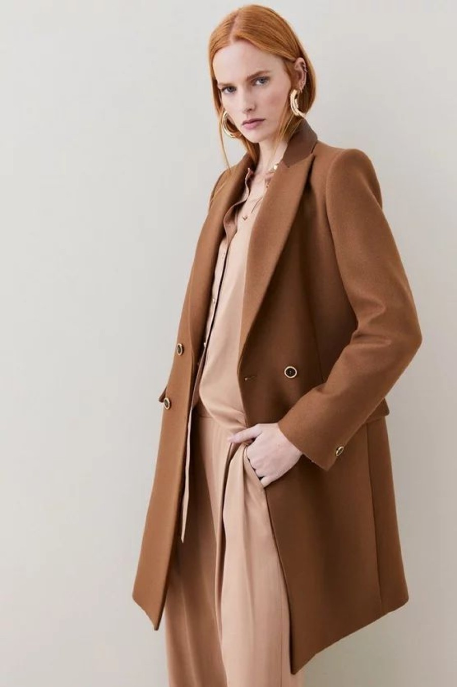 Best * Best Sale Karen Millen Italian Wool Cashmere Double Breasted Tailored Coat Dark Tan