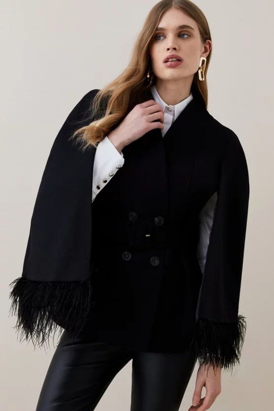 Best * Outlet Karen Millen Italian Virgin Wool Feather Hem Cape Coat Black