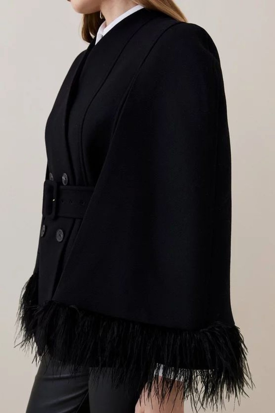 Best * Outlet Karen Millen Italian Virgin Wool Feather Hem Cape Coat Black