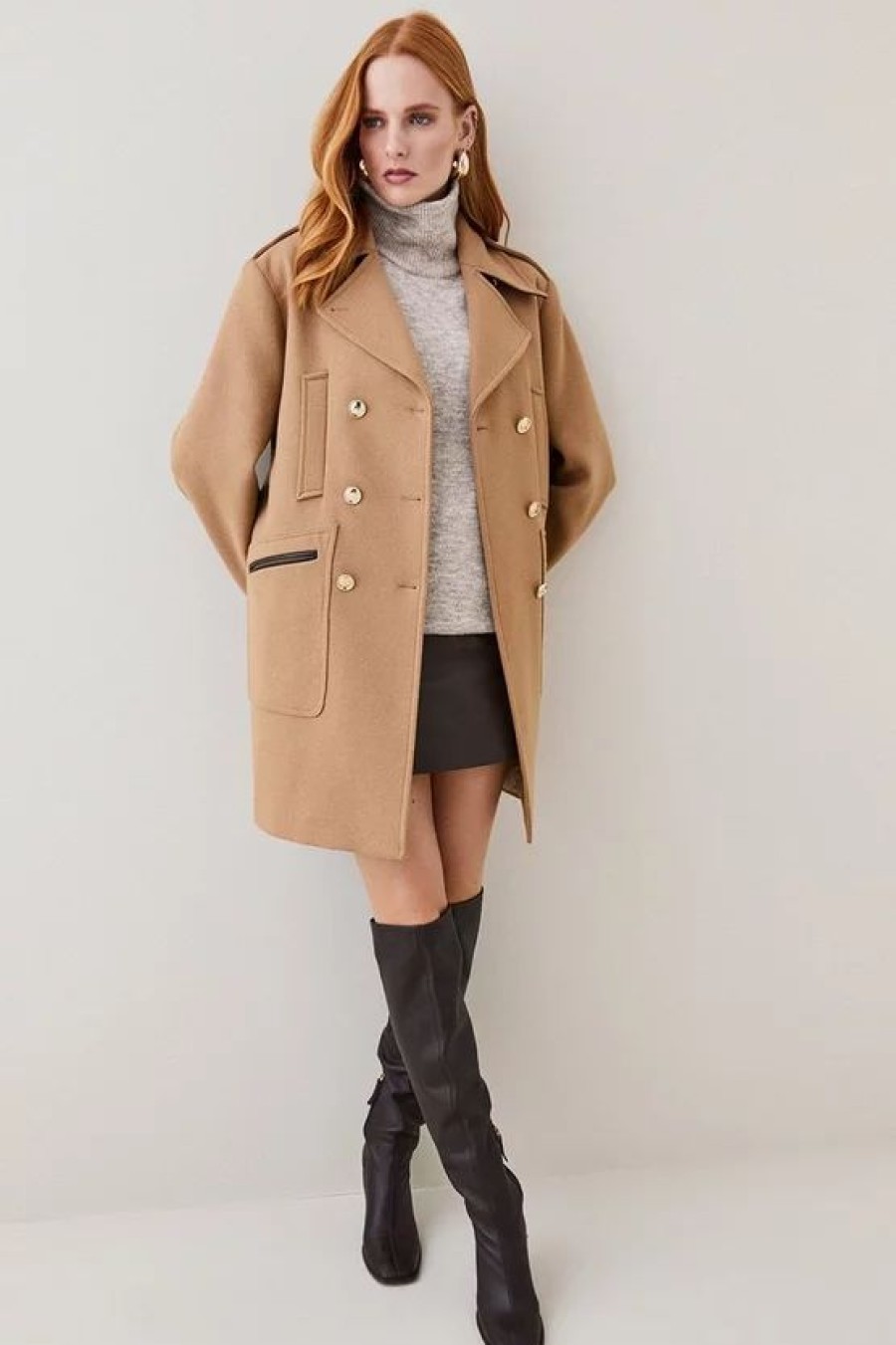 Online * Top 10 Karen Millen Italian Virgin Wool Double Breasted Pea Coat Camel