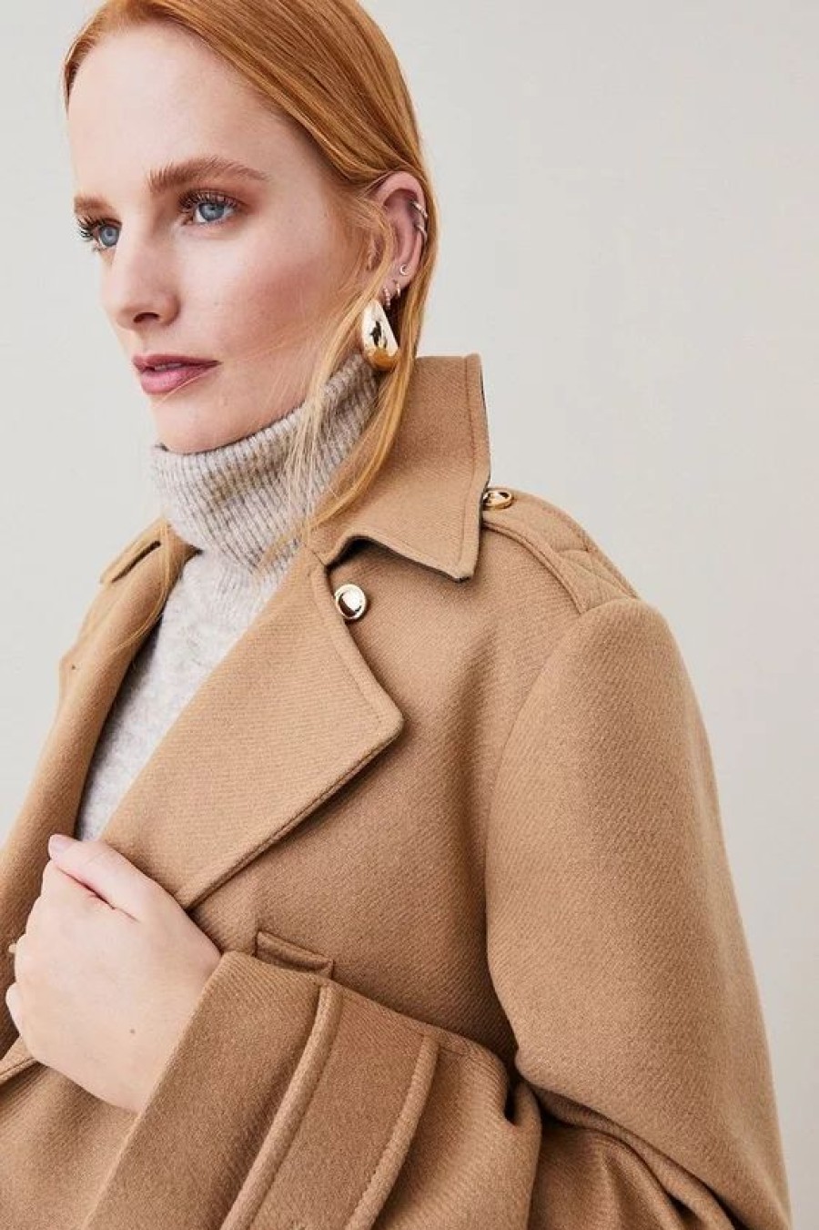 Online * Top 10 Karen Millen Italian Virgin Wool Double Breasted Pea Coat Camel