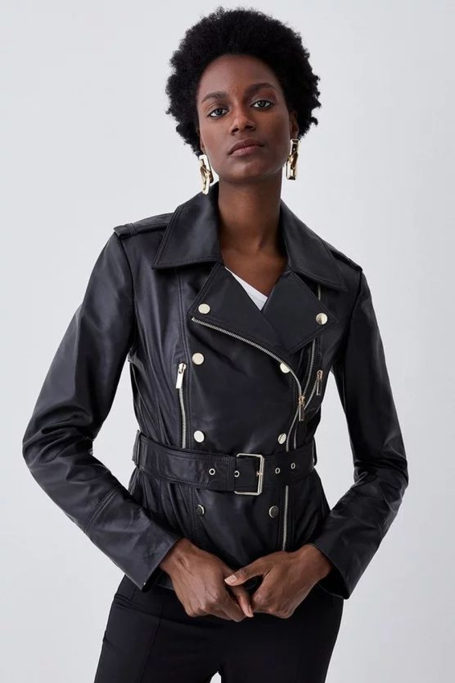 Clearance * Cheap Karen Millen Leather Military Zip Detail Biker Jacket