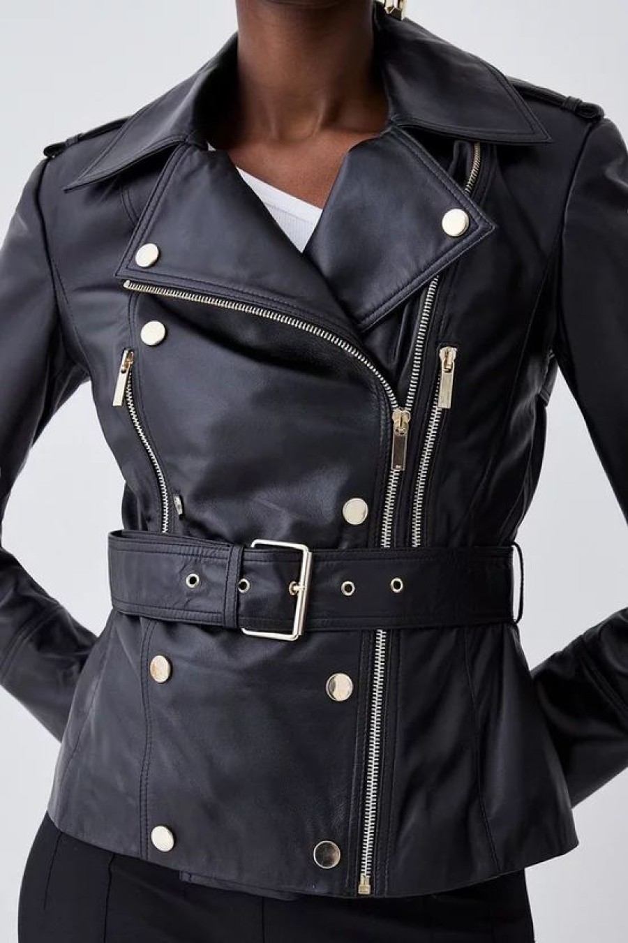 Clearance * Cheap Karen Millen Leather Military Zip Detail Biker Jacket