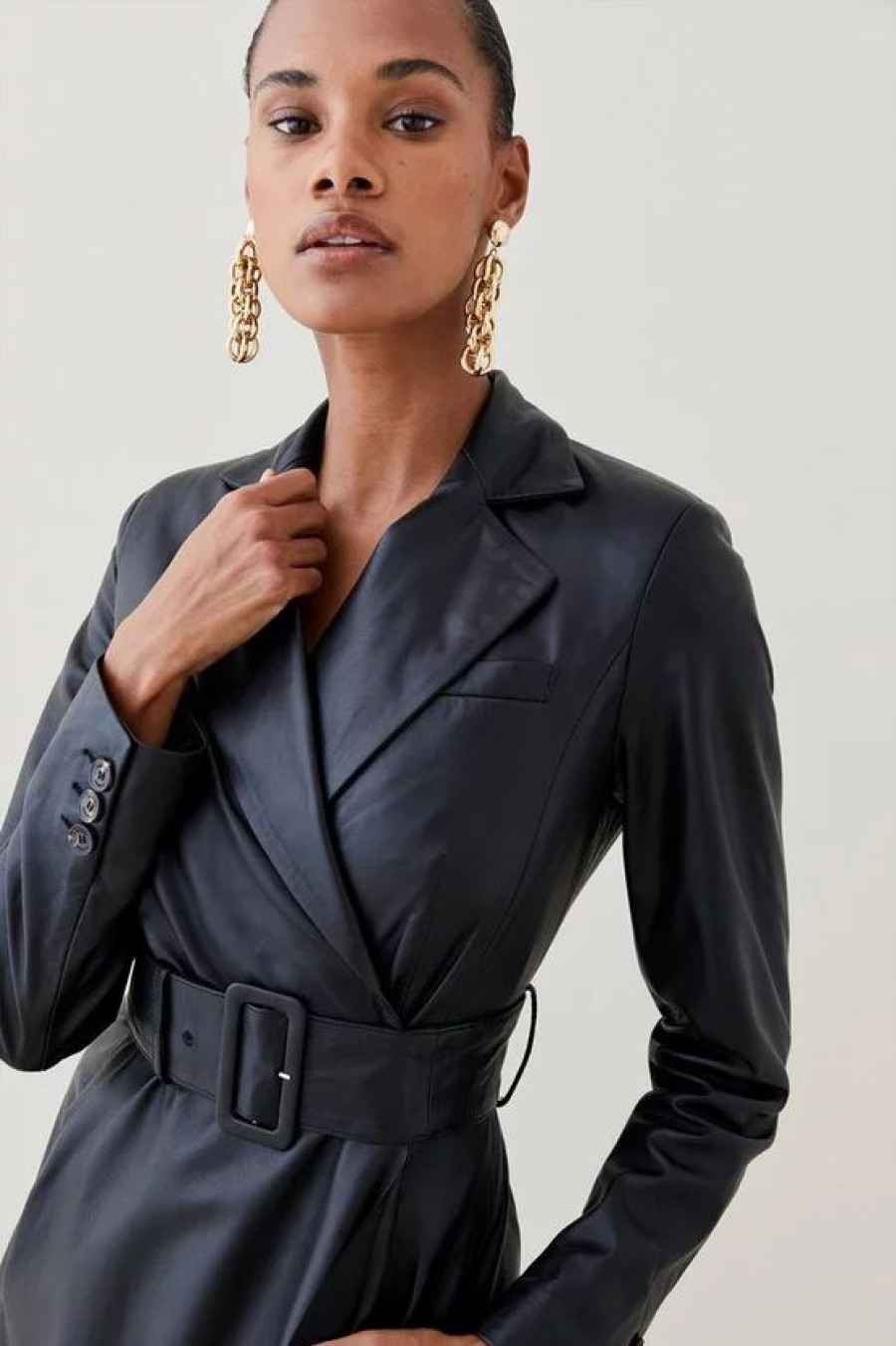 Best * Best Sale Karen Millen Leather Collared Drape Hem Coat