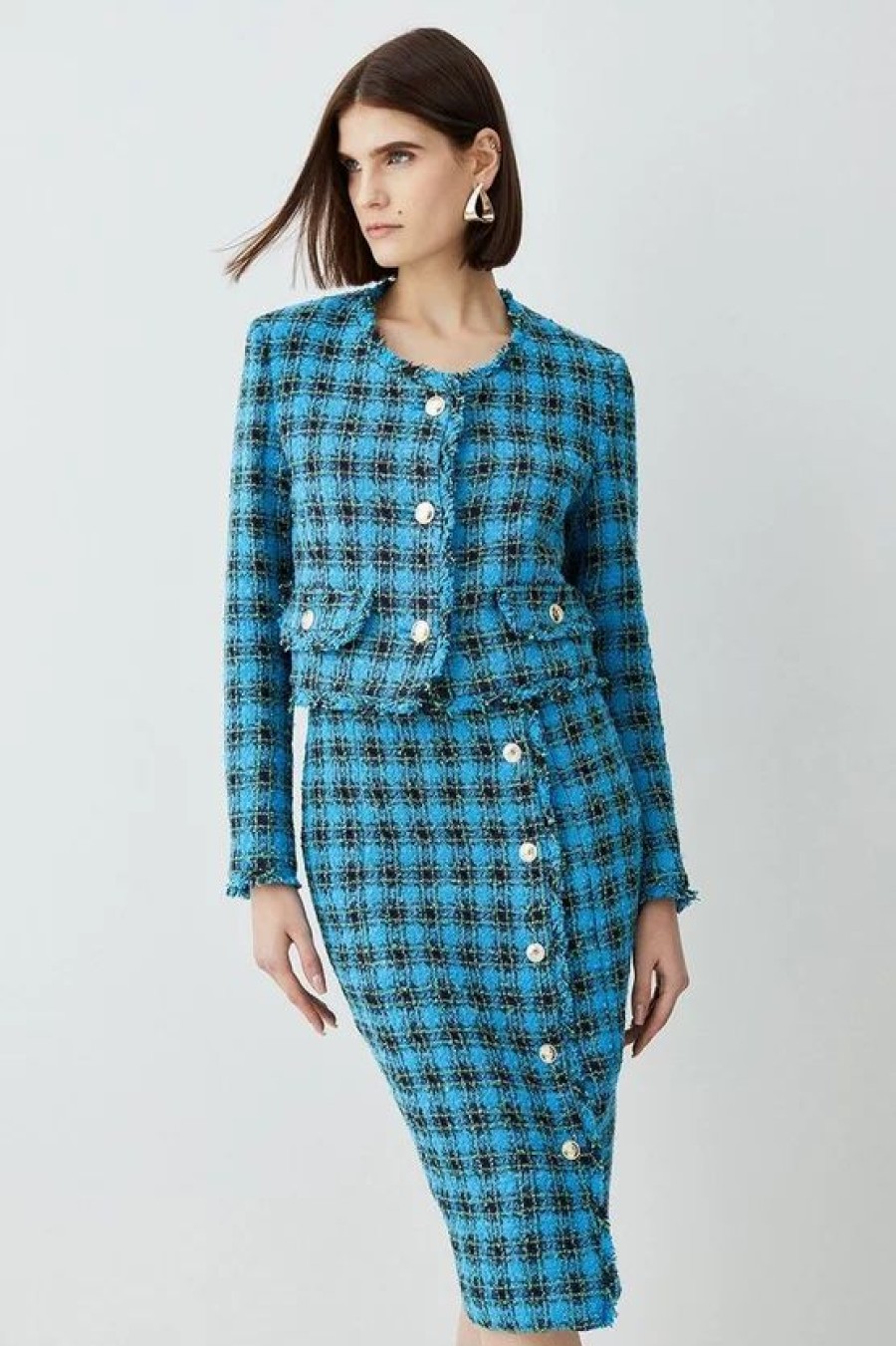 New * Best Sale Karen Millen Italian Check Boucle Tailored Collarless Jacket