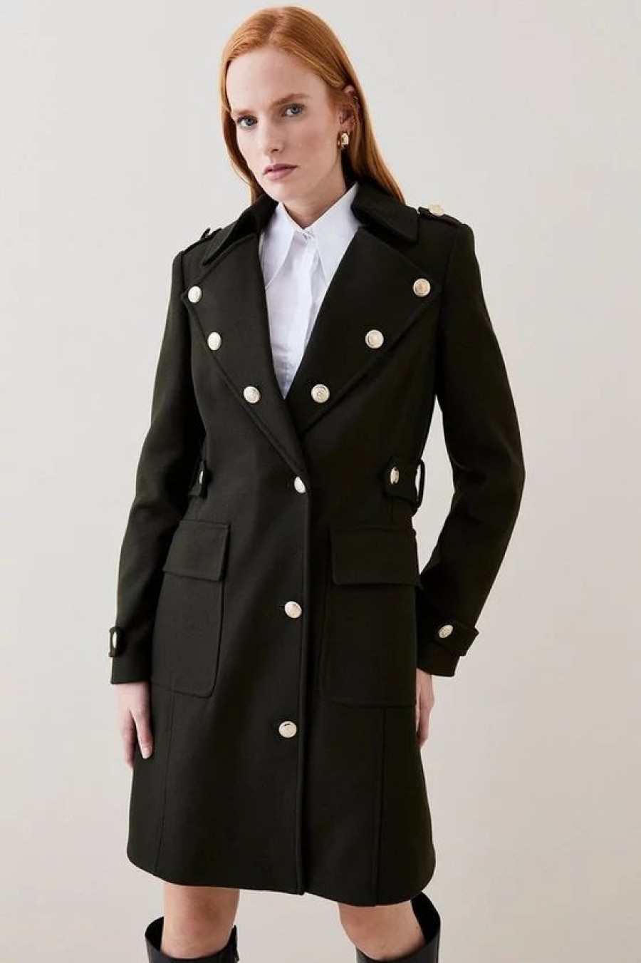 Wholesale * Best Reviews Of Karen Millen Italian Virgin Wool Military Button Midi Coat Khaki