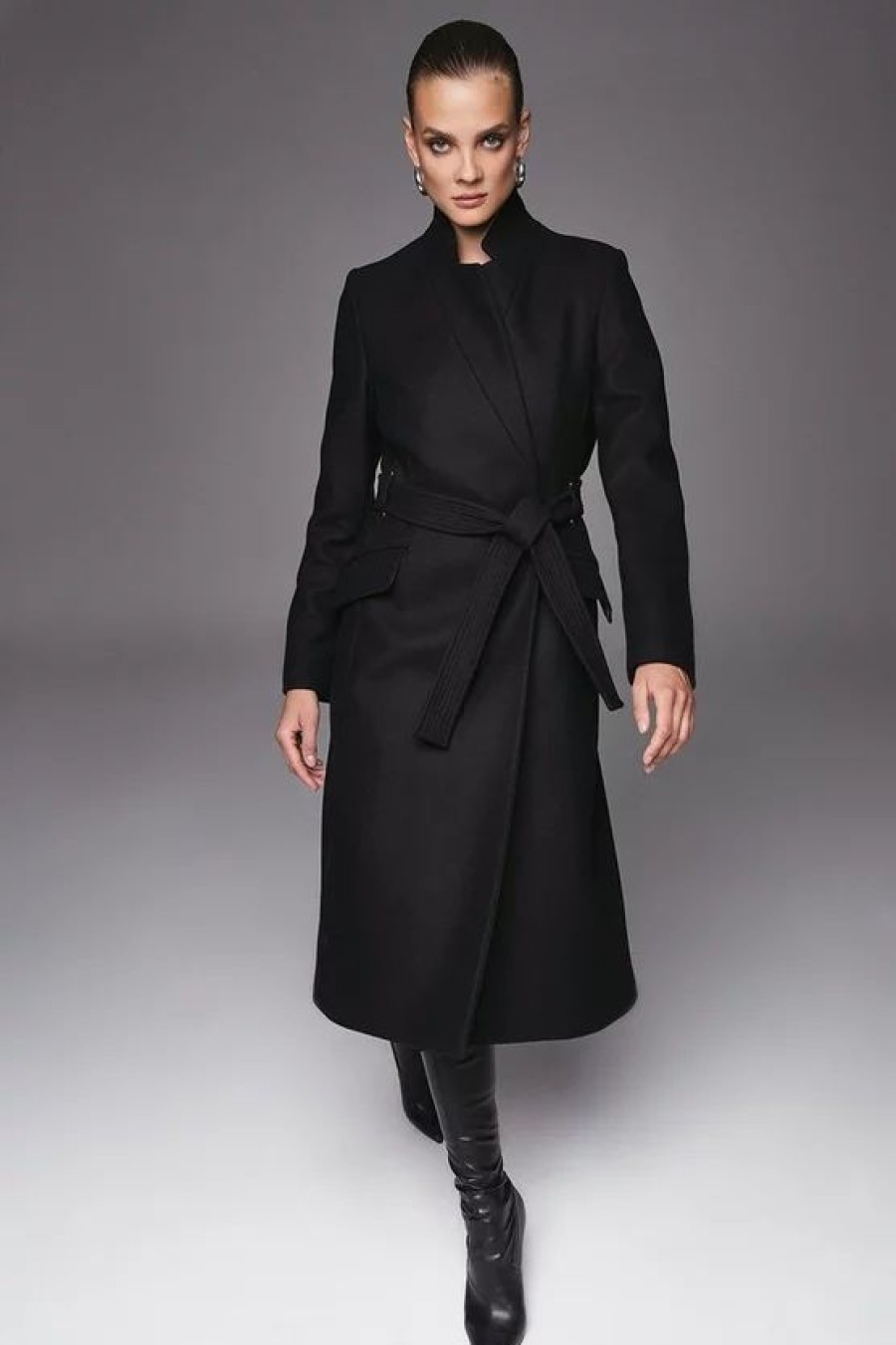 Wholesale * Promo Karen Millen Tall Italian Wool Cashmere Investment Notch Neck Coat Black