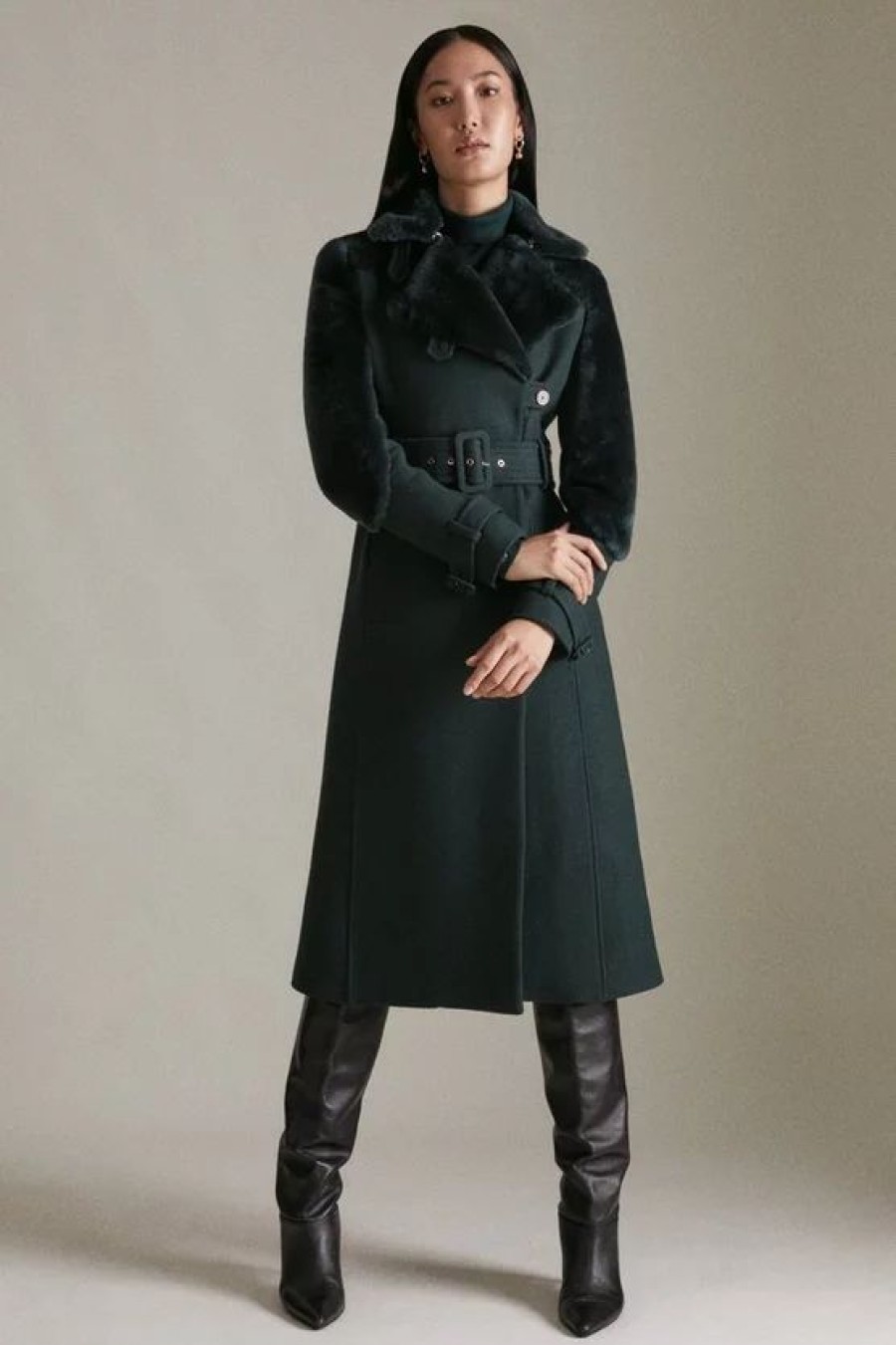 Online * Hot Sale Karen Millen Petite Italian Wool Shearling Mix Midi Coat Forest