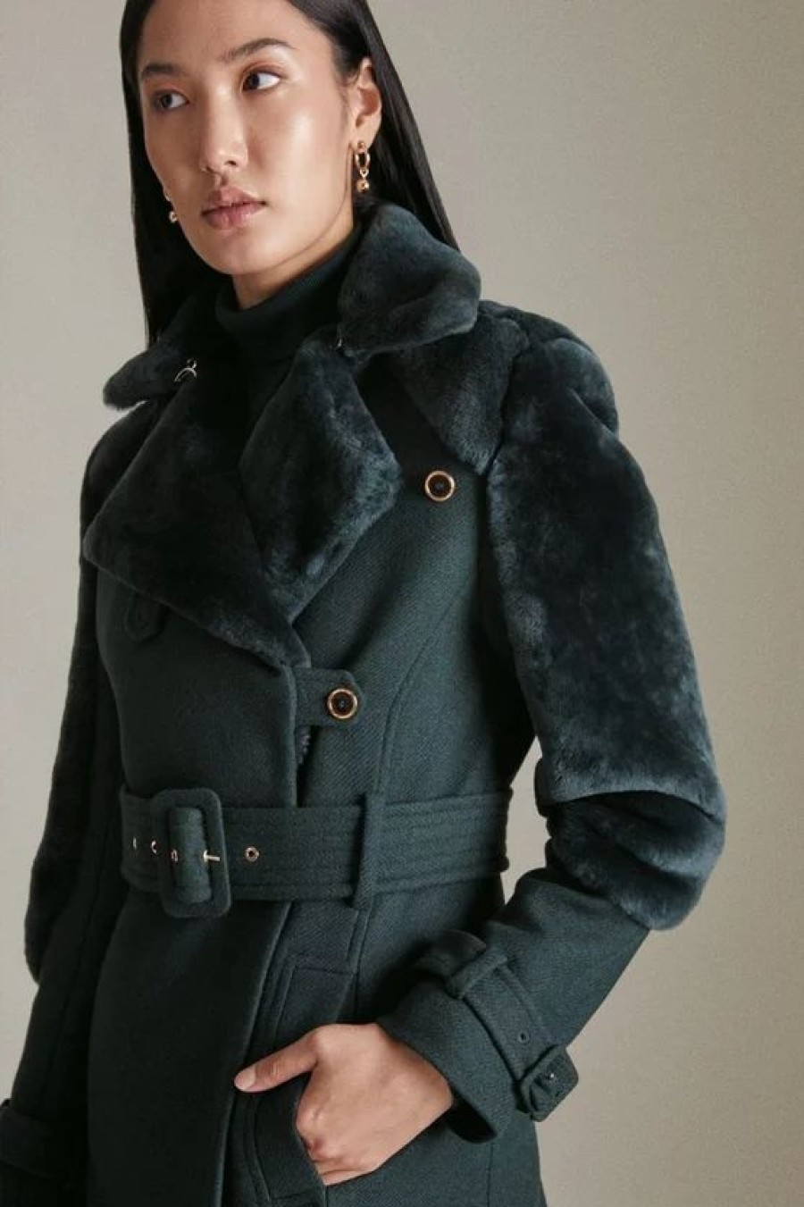 Online * Hot Sale Karen Millen Petite Italian Wool Shearling Mix Midi Coat Forest