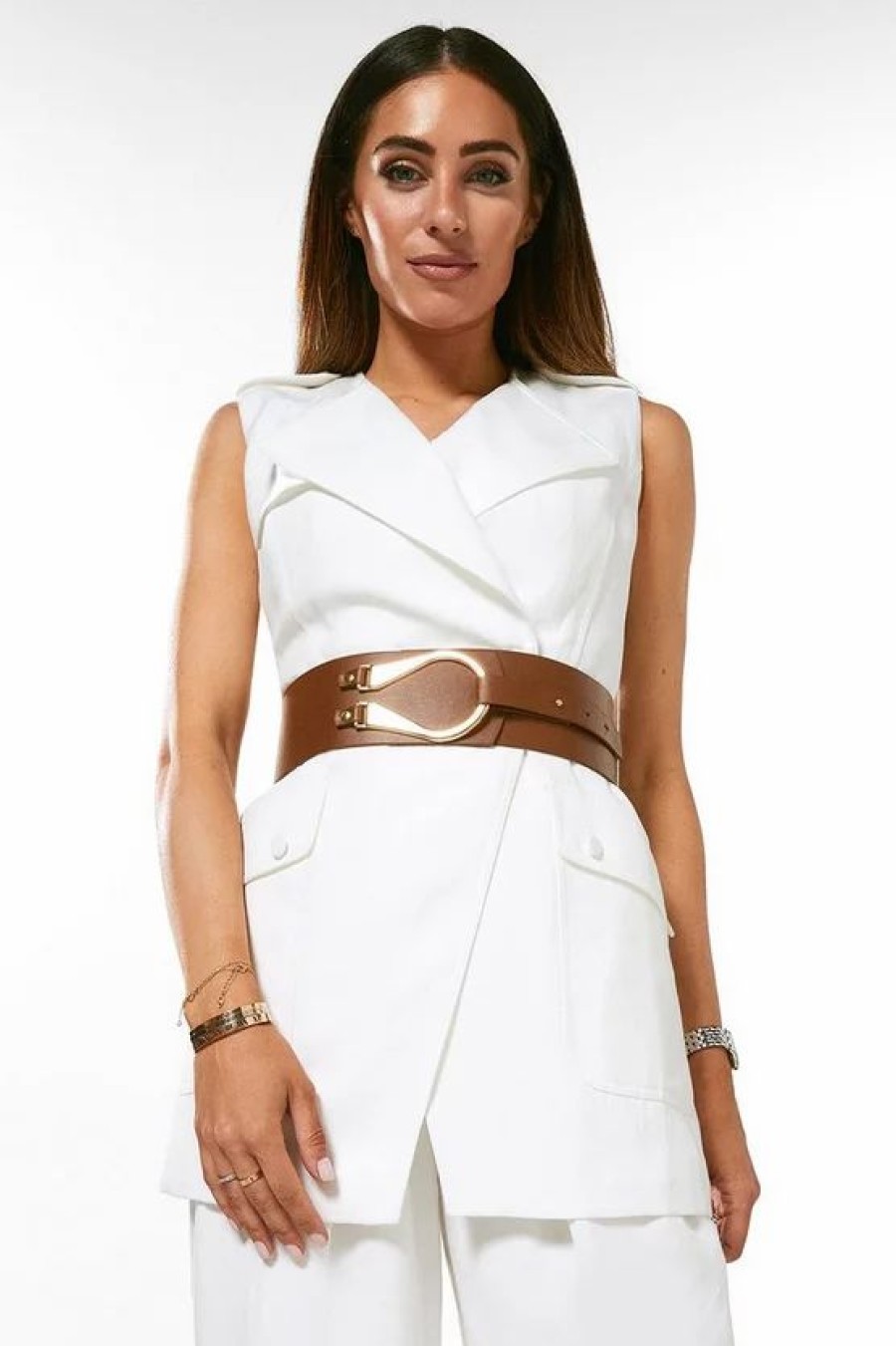 Online * Outlet Karen Millen Linen Blend Belted Sleeveless Biker Jacket Ivory