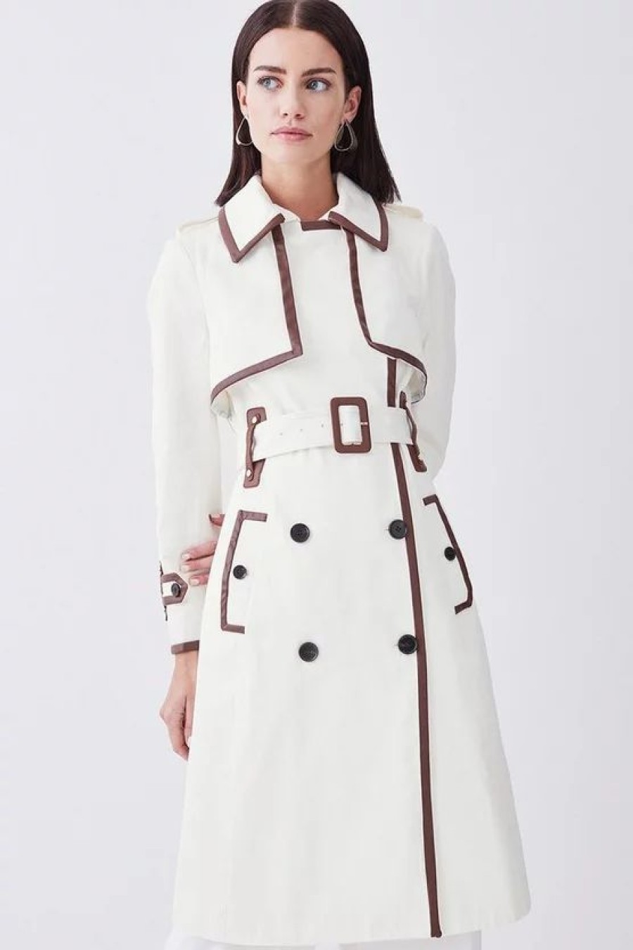 New * Budget Karen Millen Petite Collar Detail Belted Trench Coat Ivory