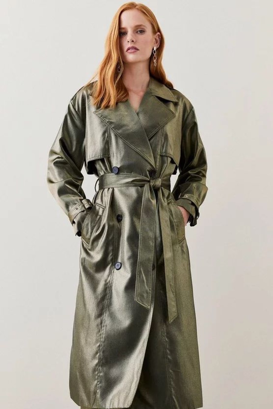 New * Wholesale Karen Millen Metallic Belted Trench Coat Metallic Gold